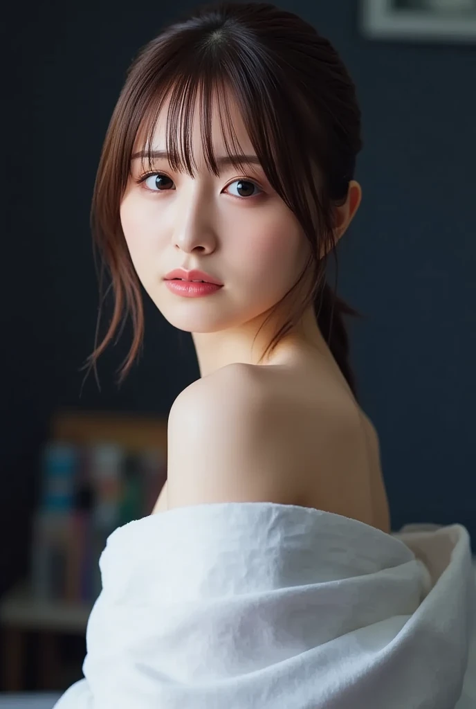 (masterpiece、Realtic、masterpiece,Very detailed,Highest quality,8k,CG,shape,shaving:1.0),(one person&#39;s:1) 、Dark Room、Bedroom、sexy gestures and faces、sexy, jyojifuku,nurse、Big Breasts, Cleavage、latexのnurse uniform、Lying in bed
