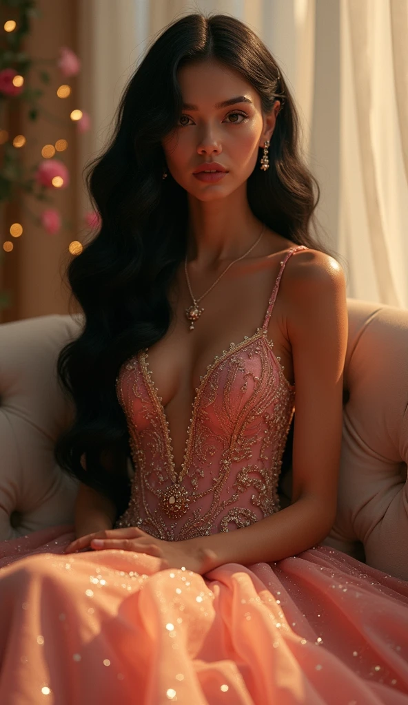South asian girl in a renaissance castle. She is wearing a long sequins rose gold ball bustier gown and burgundy velvet opera gloves. There is rose gold laces on the breast part of the dress and on the top of the gloves