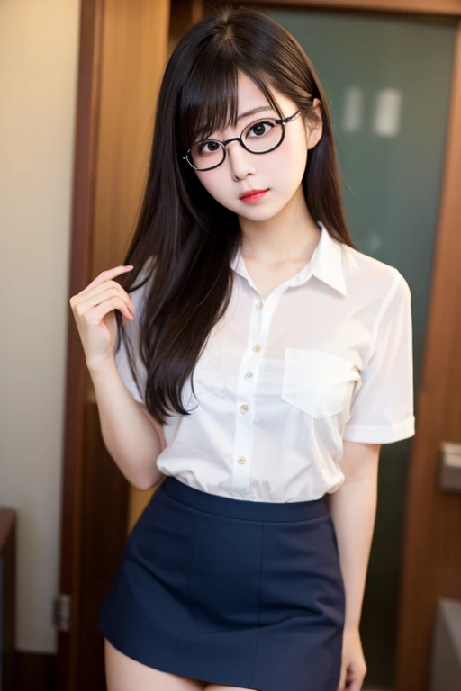 (Actually, the resolution is high.:1.3),Girl with a perfect figure, slender face and eyes, long black hair, student uniform.:1.2 shorts in a restaurant, very big breasts, very big butt, showing breasts, wearing glasses, long hair, has bangs