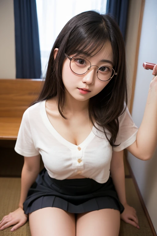 Ulchan-6500-v1.1, (Raw photo:1.2), (realistic:1.4), beautiful detailed girl, very detailed eyes and face, beautiful and detailed eyes, that'ridiculous, incredibly that'ridiculous, huge file size, Super detailed, High resolution, very detailed, highest quality, masterpiece, young girl、kemomimi, ((japanese girl' high school uniform)), shape, very detailed, cg, unified, 8k wallpaper, wonderful, small details, masterpiece, highest quality, very detailed cg uniform 8k wallpaper, face light, cinematic lighting, 1 girl, 10 years old, (No panties)), (with glasses), ((dynamic pose))), (camel toe), (half),, (Sitting legs with knees bent))、smile、、((boyfriend and girlfriend having sex:1.5))、((sexual pose:1.5))、((Spread legs POV:1.5))、((beautiful areola:1.5))、((nipple erection:1.5))、((Breasts exposed:1.5))、((beautiful pussy:1.5))、((A light layer of sweat:1.5))、((Insert your into your:1.5))