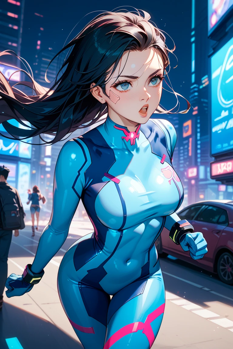 (masterpiece), (best quality), 1 girl, red hair,((brown eyes)),curly hair, short curly hair, brown eyes, anime style, freckles, (mall breast, (petite figure), blue cyberpunk clothes, legs, desert background