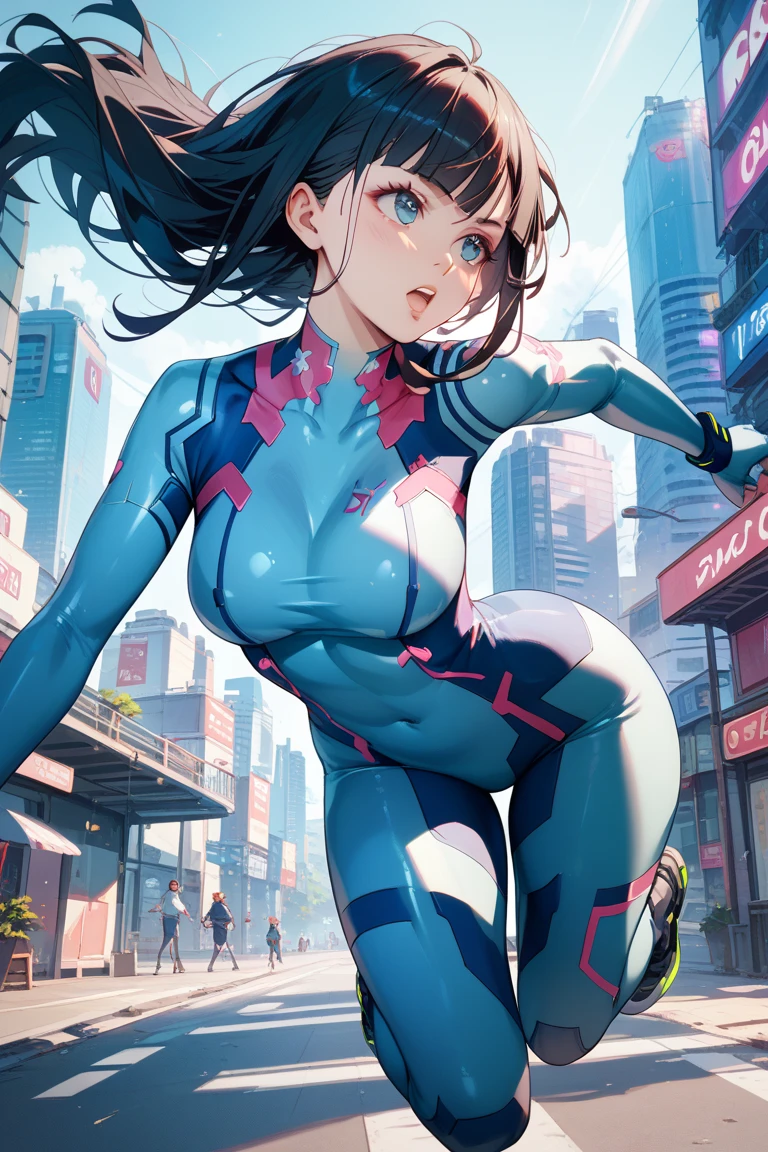 woman,14 years old,,city,,(((white and blue tight miniskirt bodysuit))),,open mouth smile((See-through))glasses,((beautiful long ponytail)),((Baby girl body shape))