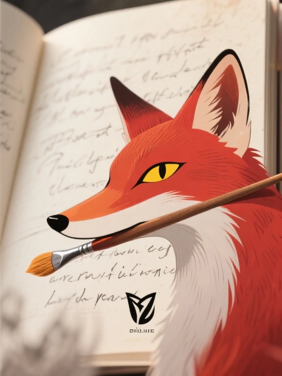Create a poetic book layout featuring a sleek logo of a fox's head (cartoon animal) holding a paint brush in its mouth. The fox is looking directly at the viewer with a discerning (as if subtly staring into viewer's soul) from direct front view, contemplative gaze, its elongated snout pointed slightly downward, obscuring its mouth. In the background, include ambiguous, handwritten poetry that appears faded or blurred to create depth and mystery. The fox overlaps the poetry, which is positioned behind it, symbolizing inspiration and creativity. Beautiful, masterpiece, high detail. Bright Red Fur, Yellow Eyes, Slit Pupils. Sharply Defined Cheek Fur.
