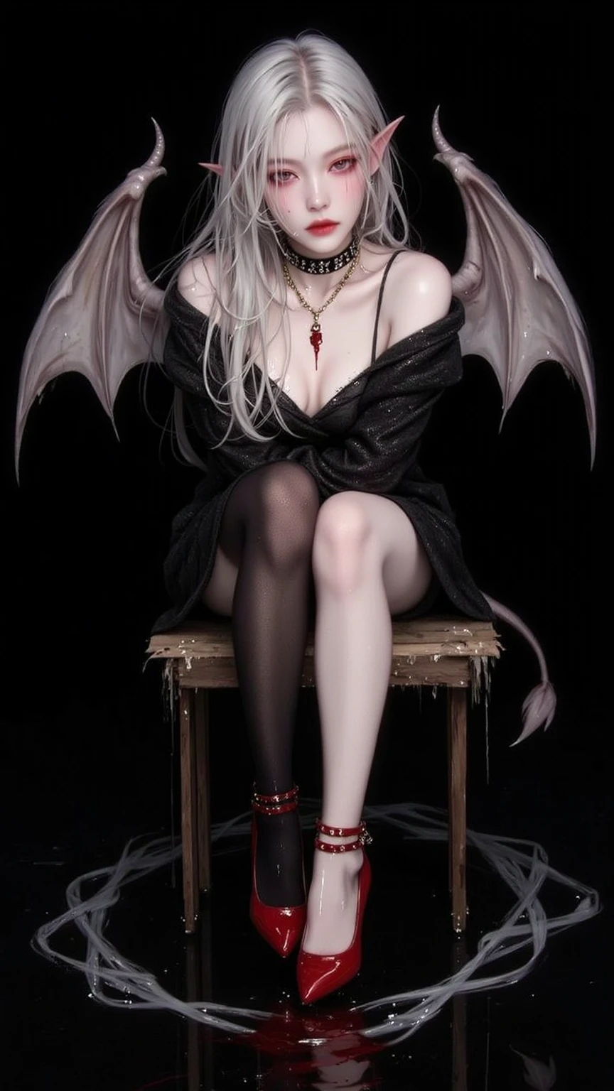 The demons,Red eyes,silber hair,mature,爆乳,Open-mouthed,Stick out your tongue,Devil Wings,squatting on the ground,legs are open,seductiv,seduce
