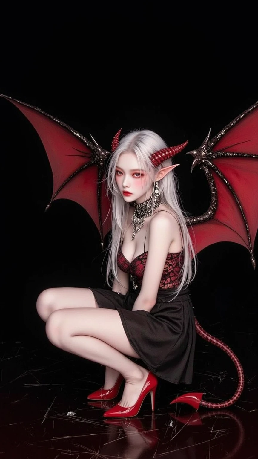 a succubus with red eyes and white hair