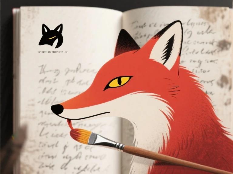 Create a poetic book layout featuring a sleek logo of a fox's head (cartoon animal) holding a paint brush in its mouth. The fox is looking directly at the viewer with a discerning (as if subtly staring into viewer's soul) from direct front view, contemplative gaze, its elongated snout pointed slightly downward, obscuring its mouth. In the background, include ambiguous, handwritten poetry that appears faded or blurred to create depth and mystery. The fox overlaps the poetry, which is positioned behind it, symbolizing inspiration and creativity. Beautiful, masterpiece, high detail. Bright Red Fur, Yellow Eyes, Slit Pupils. Sharply Defined Cheek Fur.