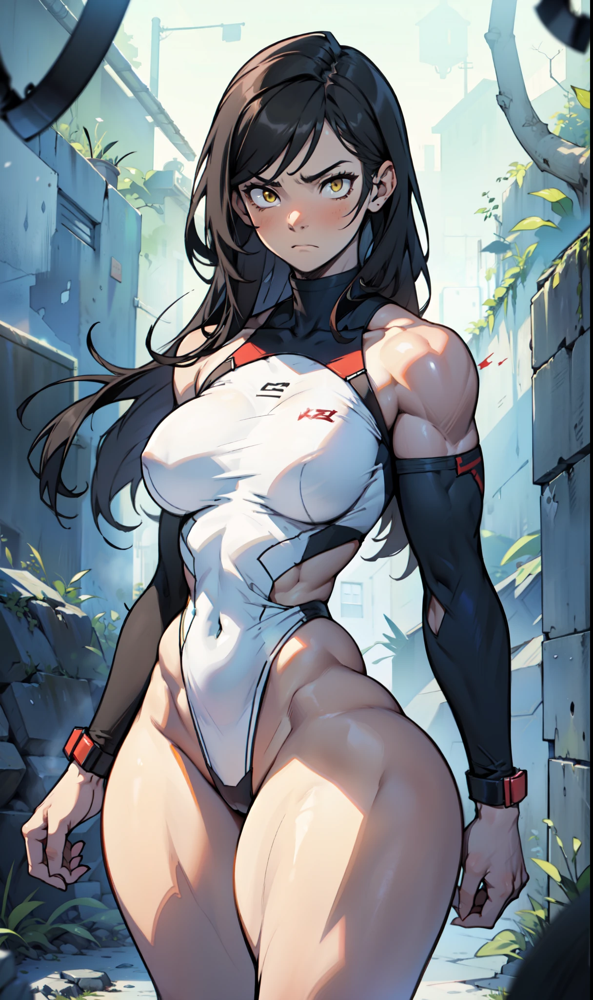 girl breasts huge muscles huge thighs solo girl black hair extremely long hair pale skin expressionless yellow eyes