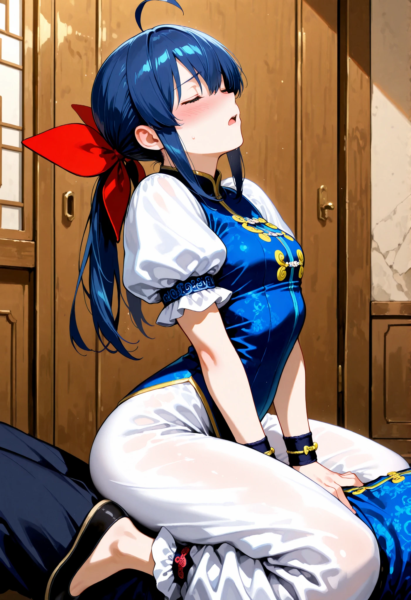 masterpiece, best quality, amazing quality, highres, absurdres,futaba hotaru, long hair, blue hair, twintails, hair bow, hair between eyes, sidelocks, ahoge, chinese clothes, puffy short sleeves, wristband, baggy pants, flats,straddling,arched back,closed eyes,(blush),depressed,open mouth,