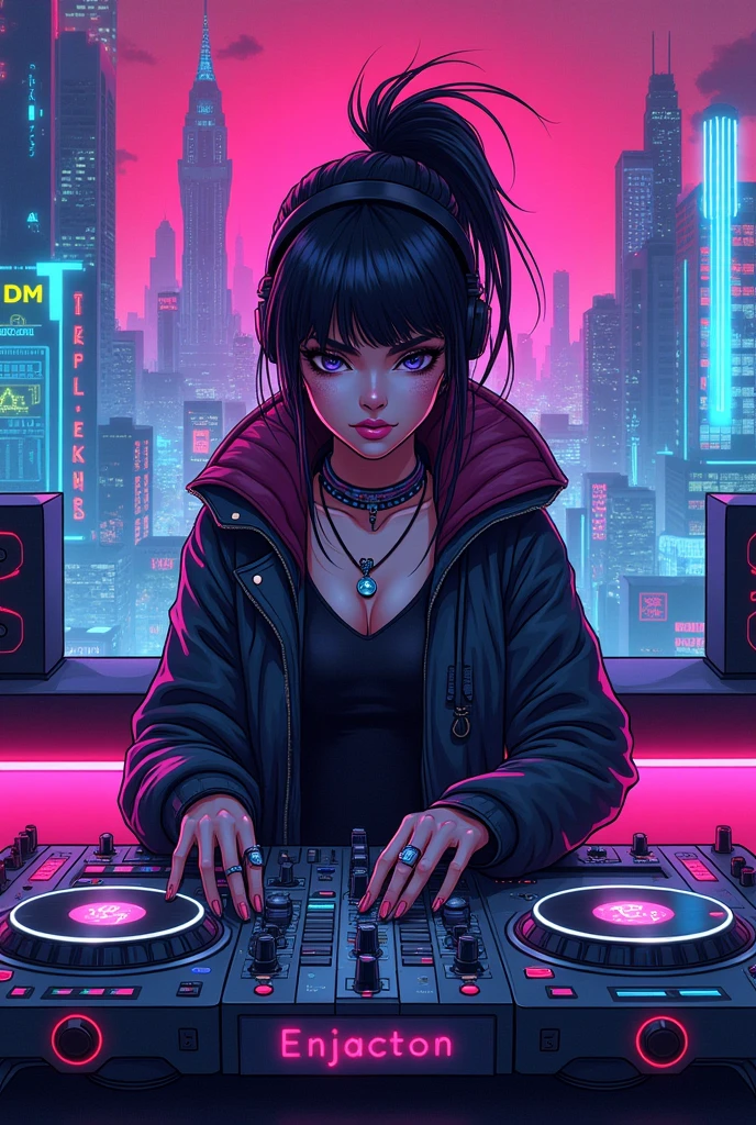 Girl listening to music, com o semblante pensativo, Sitting on the edge of a building with a cartoon cyberpunk background, estilo anime
