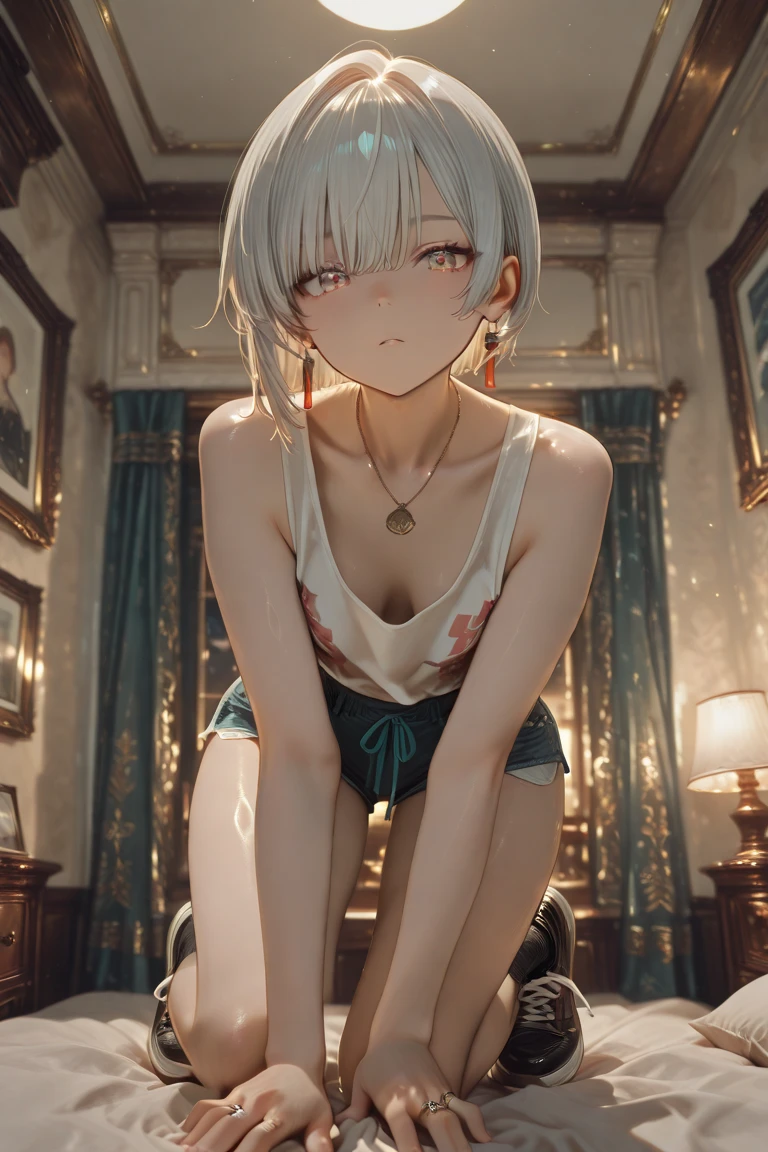 (Nishikigi Tisato:1:2) (anatomical:1.2),(Beauty of form:1.4) Golden ratio,((masterpiece)), ((Best Quality)), (Ultra-detailed), Anime style, Cute , 1girl in, Solo, 8k, sitting on the bed , no pant,no bra , young girl , flat chest, bare shoulders, black hair, Kyoto animation quality,Kyoto animation detail, Full :1.8,