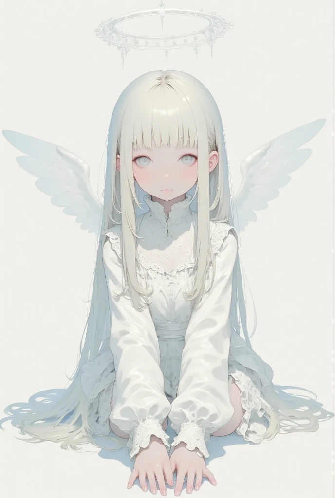 1girl,she is angel with wings, squatting on floor, frill skirt, look up at me, white long hair,front pose, kawaii anime, soft color,  chinese girl, 