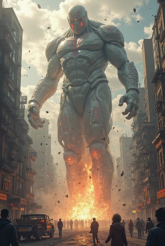 A 20 years old boy with cosmic power's and rainbow powers and shirt less fighting with big i-tech modified alien machine in modern city