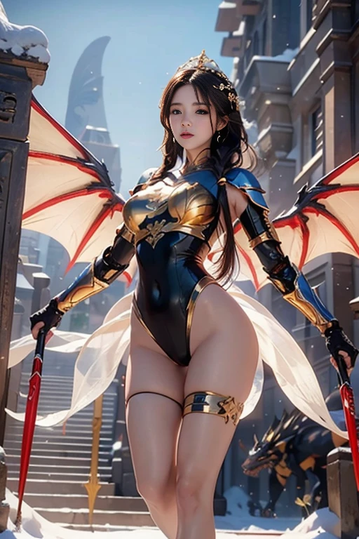 Professional , ​masterpiece、top-quality、photos realistic , depth of fields 、（Dragon Blue Metal Body:1.９),(Enamel purple、（ of the breast）、al expression、Dragon Gold Weapon、（Red Micro Bikini Armor:1.４),Gorgeous gold weapons ,Particles of light、（（ Dragon's dense and gorgeous sword）） , （demonic wings）、（（a blond））、（Castle background）、（（Gangle's forest background））、（（Fight dragons））、Beautiful Caucasian beauty、１a person、dynamic ungle,(((Detailed and ornate dragon helmet)))、Smaller head、A smile、Castle background、Thin and beautiful female hands、cleavage of th、Soldier in ironn background、Mystical expression、Light Effects、intense fighting、Wind-effect、magic circles、With the legendary magic wand、Dragon's tail、explosions、Anatomically correct body、