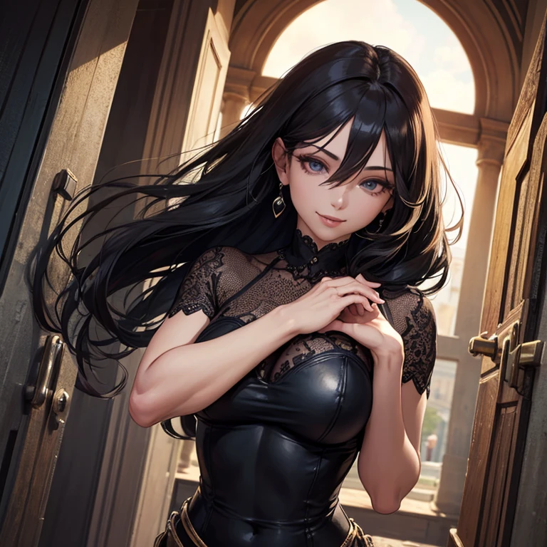 there is a woman in a black dress posing for a picture, cute face. dark fantasy, artgerm ; 3d unreal engine, dark fantasy mixed with realism, beautiful fantasy portrait, with long hair and piercing eyes, 3 d render character art 8 k, artwork in the style of guweiz, ig model | artgerm, dark fantasy portrait