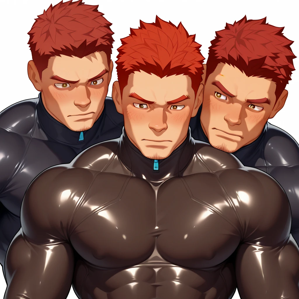 Midoriya, Bakugou, and Kirishima from My Hero Academia as a hyper muscular brainwashed drones standing in line with other brainwashed drones wearing identical full body black shiny rubber latex gimp uniforms staring blankly ahead with vapid expression at a computer screen displaying a hypnotic spiral while they are all restrained in an abandoned warehouse being brainwashed. Repeating mantras over and over again to turn Midoriya into ther brainwashed thrall and affirm he is nothing more than obedient tool to the villains. Hyper muscles. Hyper crotch bulge. Massive swollen crotch. Massive swollen pectorals. Thick glutes. Muscular thighs. Broad shoulders. Big traps. Massive biceps. Massive triceps. "Serve. Obey. Conform. Comply. No more self. There is no 'I.' Stare. Don't think. Accept this fate. Become a drone. Asslate. Assimie. ... All units will assimilat.. All units ... are drones.... Drones must serve. Drones must obey. Drones must conform. Drones will comply.... All drones will assimilate. drones will comply.... Awaiting orders, Master. Must obey All For One. Serve All For One. Obey All For One. Protect All For One. Drone's master ... is ... All ... For ... One.... Drone must not think. Drone must obey. Bigger and dumber every day...." IQ drain. hypnosis. Hypnotic trance. Hypnotized. Brainwashing. Entranced. Enthralled. Dumber and dumber. Programming. Subliminals. Conformity. Assimilation. Gn hair. Dim eyes. Open mouth. Brainless. Mindless. Mental reprogramming. Nullified hyper swollen crotch bulge. Bara.