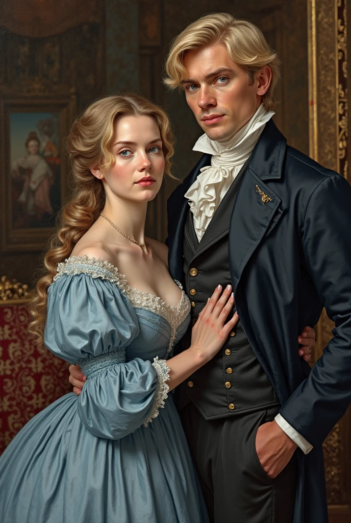 Georgian couple, 1810, London, England. Short woman with dark blonde hair, BLUE DRESS. Tall man with blond hair and deep blue eyes