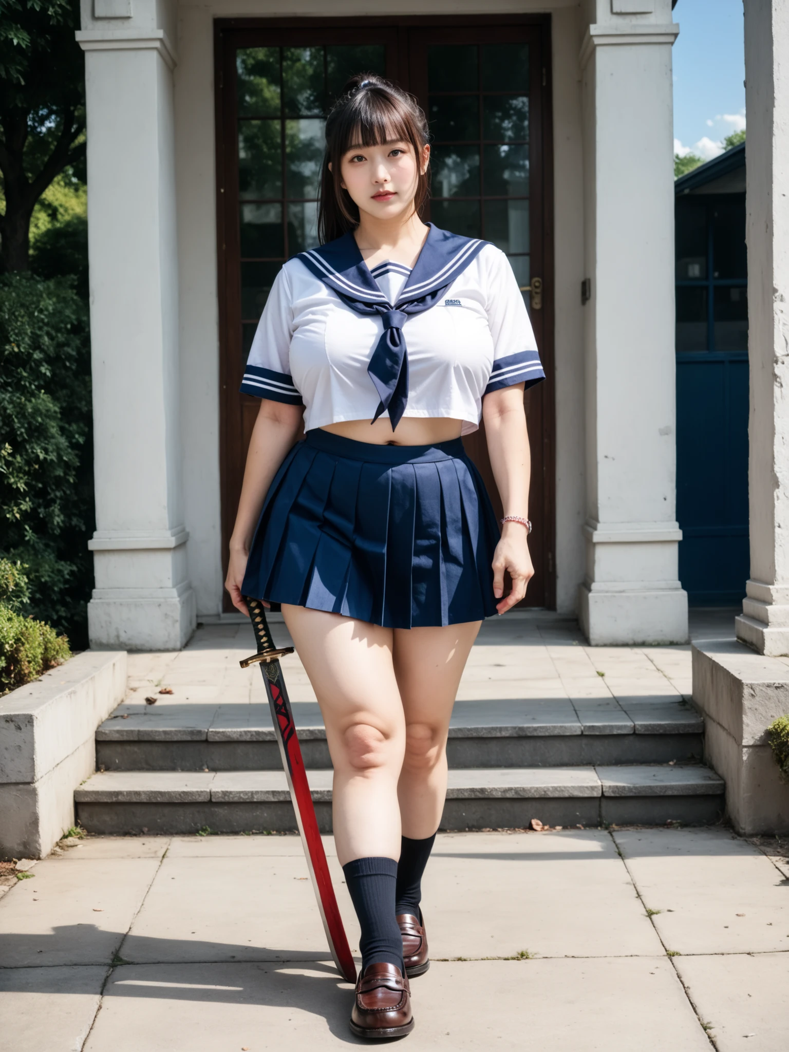 score_9, score_8_up, score_7_up, rating_safe, source_photo, realistic eye, realistic, photorealistic, Photograph, ultra photo-realistic, 8k uhd, highres, extremely detailed, cinematic lighting, masterpiece, best quality, ultra high res,(photo realistic:1.4), beautiful woman, japanese ager, a female high school student, black hair, blunt bangs, ponytail, Holding a Japanese sword,school uniform,sailor uniform with exposed navel,White sailor collar,Navy blue mini pleated skirt, black socks, loafers,gigantic breasts, plump, curved, outdoor, sunny