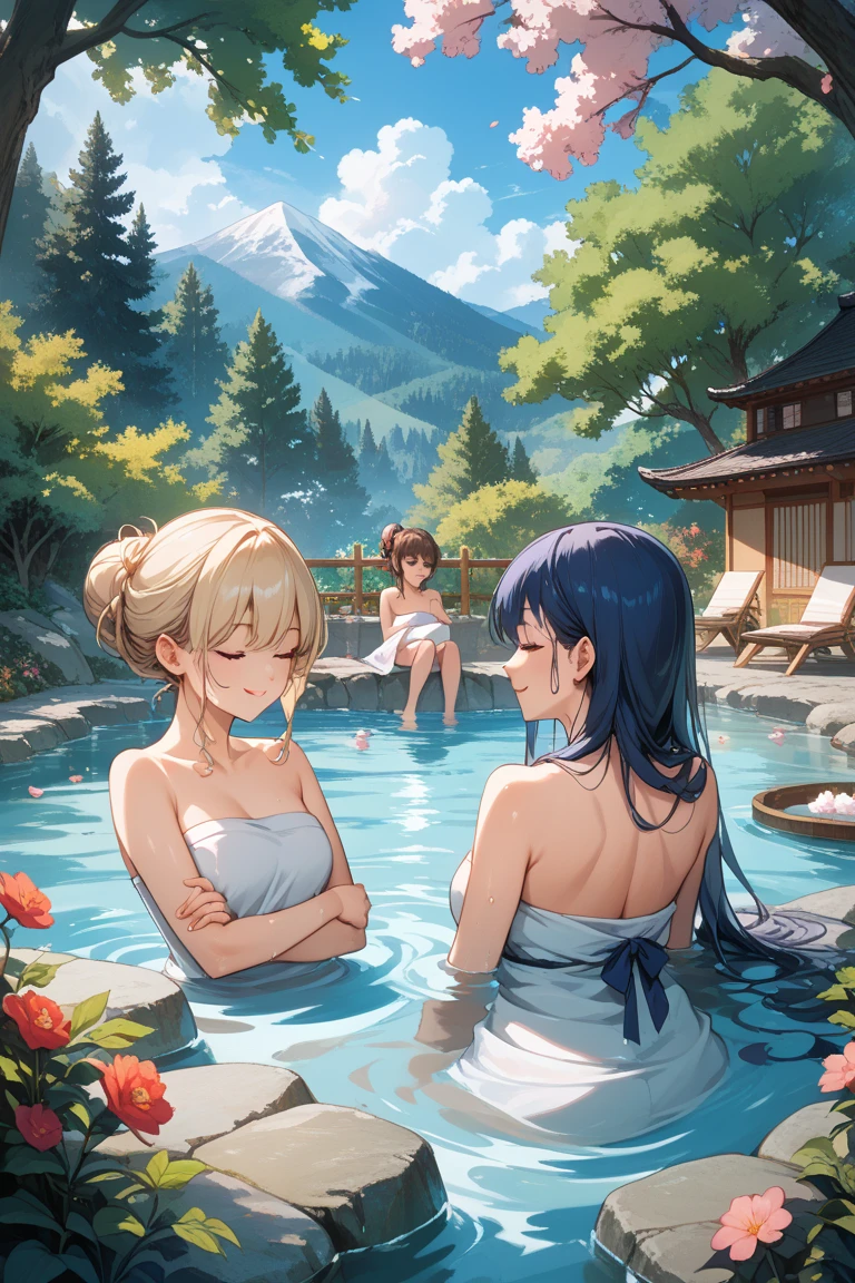 (masterpiece), best quality, (16k), expressive eyes, perfect face, lady, 3 girls, large breast, navel, BREAK, (((topless))), (((wet cobalt blue solid pencil mini skirt))), bare arms, bare legs, shiny skin, wet body, BREAK, outdoors, in the waterfalls, wading, BREAK, brown hair, wet hair, Lower ponytail, closed eyes, :), BREAK, standing, (upper body), ((from behind)),