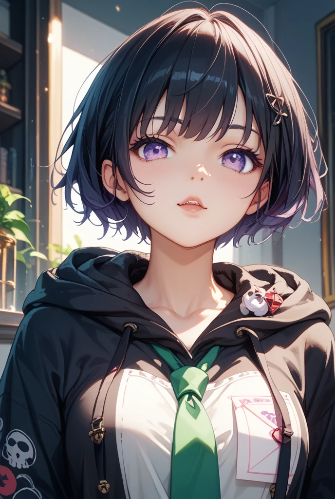 (highest quality:1.2, Very detailed, up to date, Vibrant, Ultra-high resolution, High Contrast, masterpiece:1.2, highest quality, Best aesthetics), Portraiture、girl、25-years-old, slim, , heterrochromia, green eye, red eye, stage、performance、Bright colors、Beautiful fine details、Beautiful lip detail、extra short hair, ((bob cut:1.5))、pink and purple ((streaked hair:1.9)), (highlights hair: 1.6), ((small breast:1.3), (tan skin:0.7), (reading a book on the bed:1)、Sleepwear, Resolute expression、Avid Fan、Rock star aura、cowboy shot
