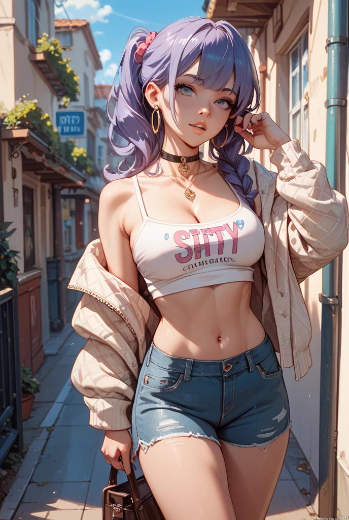 girl, Short curly pastel purple hair, freckles, septum piercing, medium tits, wearing a long sleeve crop top and ripped skinny jeans