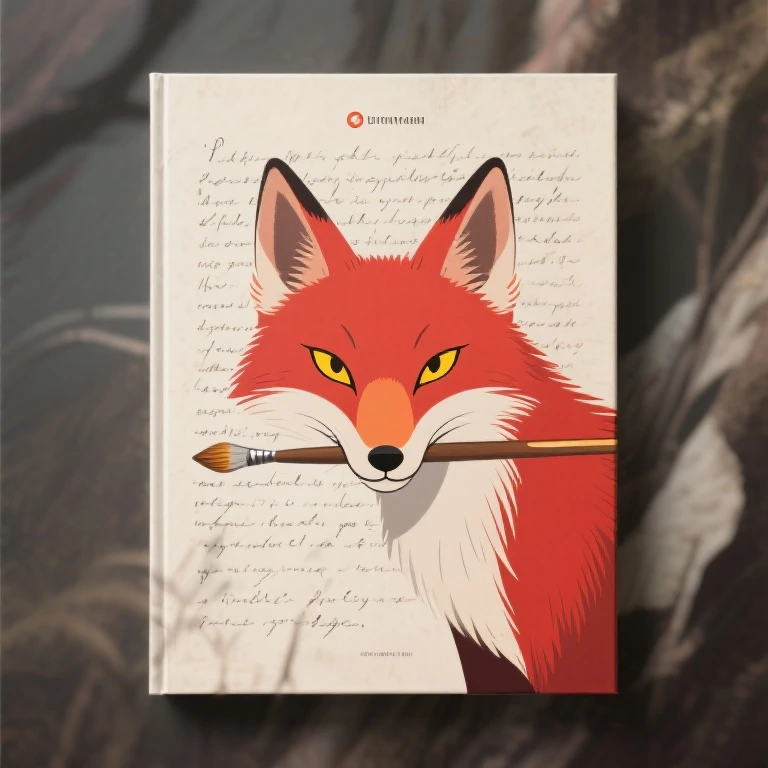 Create a poetic book layout featuring a sleek logo of a fox's head (cartoon animal) holding a paint brush in its mouth. The fox is looking directly at the viewer with a discerning (as if subtly staring into viewer's soul) from direct front view, contemplative gaze, its elongated snout pointed slightly downward, obscuring its mouth. In the background, include ambiguous, handwritten poetry that appears faded or blurred to create depth and mystery. The fox overlaps the poetry, which is positioned behind it, symbolizing inspiration and creativity. Beautiful, masterpiece, high detail. Bright Red Fur, Yellow Eyes, Slit Pupils. Sharply Defined Cheek Fur.