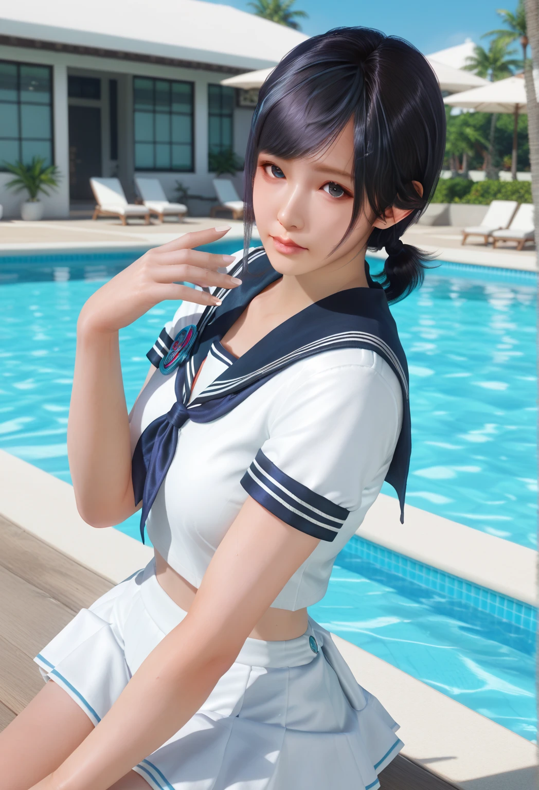 highest quality、8k、realistic、1 girl、23 years old、full body portrait、Rear view、curvy body type、（dark brown hair ponytail:1.4、Japanese school sailor suit:1.3、navy pleated skirt、skirt fluttering in the wind:1.2）、（embarrassing、sit on the ground:1.2、hold one&#39;s knees、sandy beach）、(white and navy theme:1.2), (big breasts), beautiful thighs、beautiful butt