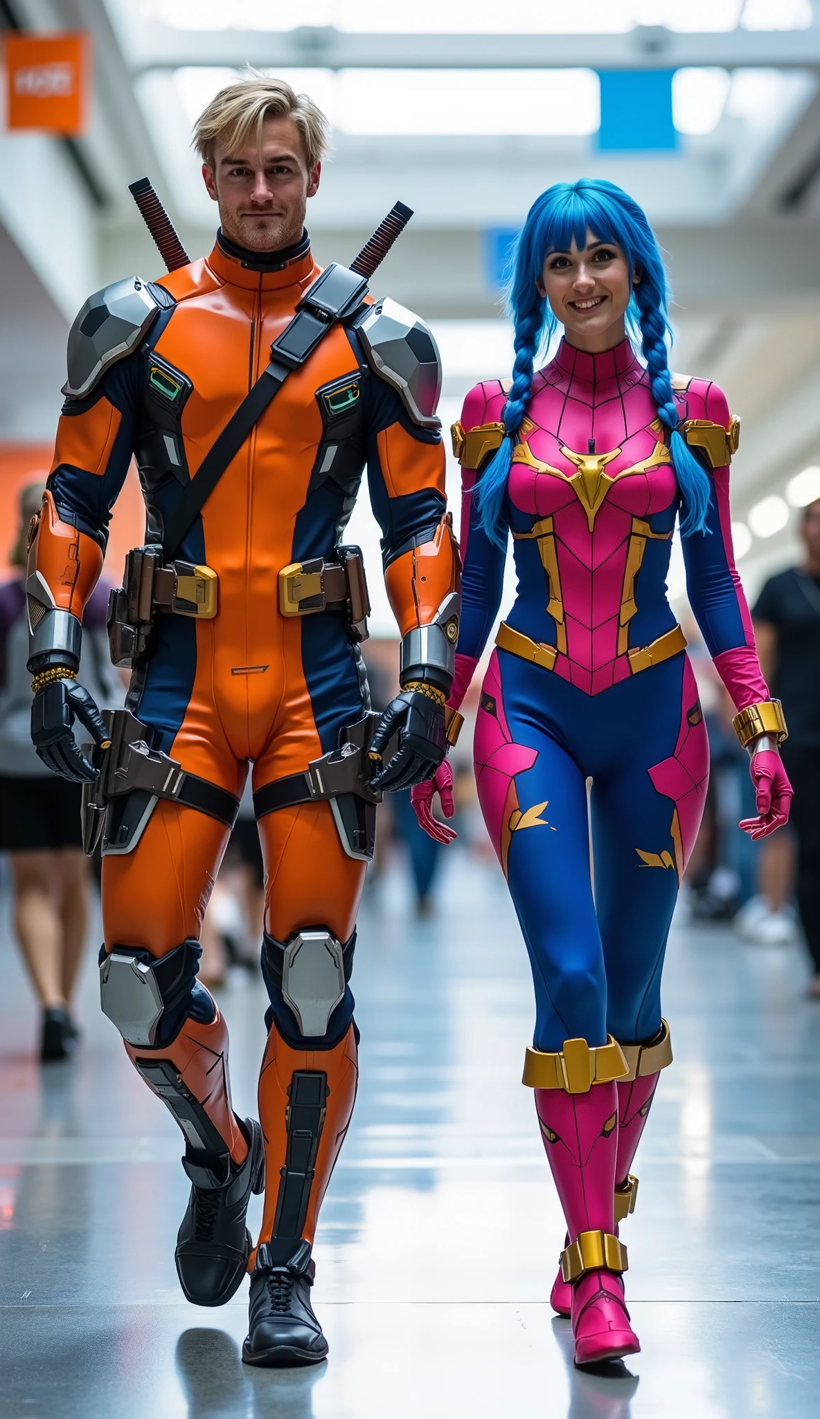 character: 1 man blonde hair Wearing futuristic orange Deadpool body suit with blue silver armor futuristic white accents, and 1 woman blue hair with two braids Wearing futuristic pink Spiderman body suit with gold silver armor futuristic white accents . They Looks Europe face.
action: Walk straigh. They look at the camera.
Expression : smiling.
Background : A bright indoor public space , with people vaguely seen in the distance, shows that this picture was taken at a fun event or get-together, maybe a convention or costume . They radiate happiness as they walk confidently in their superhero costumes. Show the whole body.