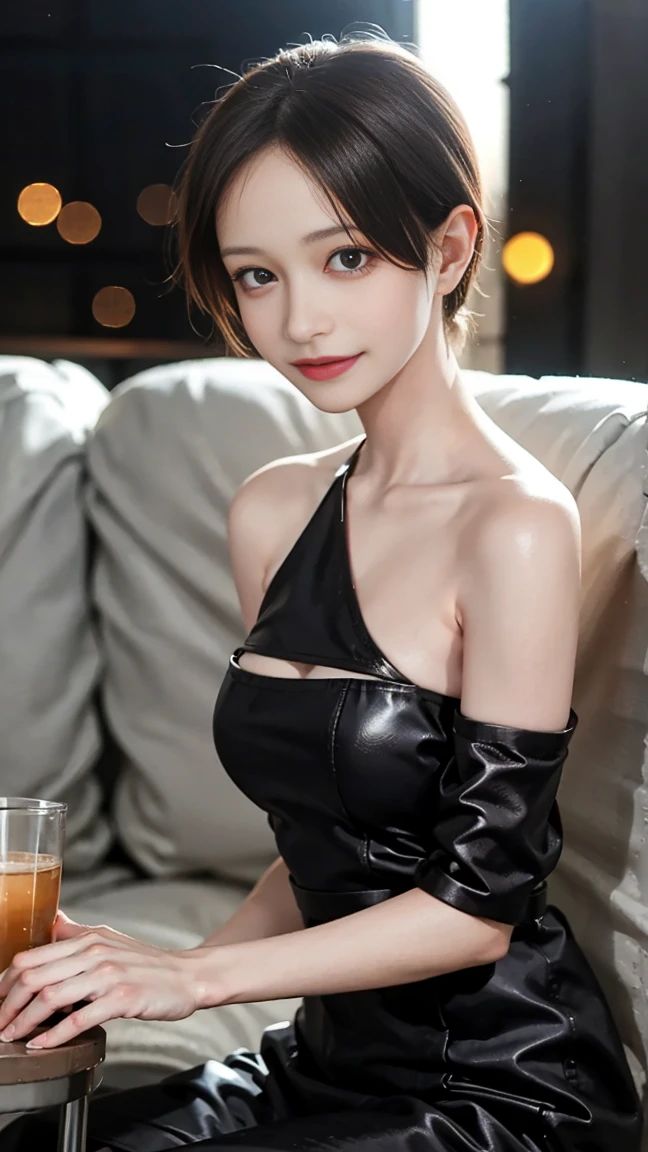 Best quality, masterpiece, ultra high res, (photorealistic:1.4), raw photo, 1girl, short hair ,black hair,off shoulder dress,large breast:1.2, cleavages,half body view, looking at viewer,at bar, midnight,bar background,bar neon lights, realistic lights, dynamic pose, shadows, detailed face, masterpiece:1.2,