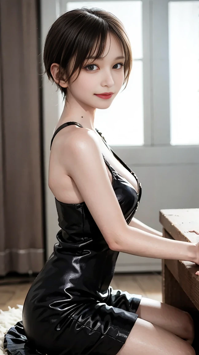 (from behind),(from below),(((sit on a stylish counter chair))),(sit on a stylish counter chair),(masterpiece,Best Quality:1.4),(8K,Raw photo,photographrealistic:1.2),Detailed skin,Detailed face,(1girl),(Japanese girl:1.2),(idol face), 18 years old,Very short blonde hair,looking at viewer,look at viewer, NSFW,(curvy:1.3),(sagging breasts:1.1),(hanging breasts:1.1),((Big breasts1.2)),(very soft butt1.9),Outstanding style,beautiful shoulder blade,sexy pose,(black eyes:1.3),happy smile,bunnysuit,black bunny ears,fishnet,fishnet_bodysuit,fishnet stockings,stylish interior,calm bar,