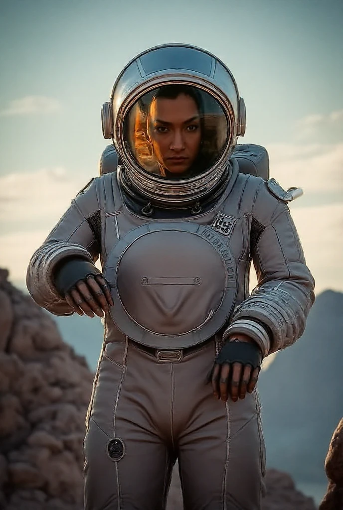 photo of girl wearing spacesuit on desert planet, detailed, large resolution, smoke, fog, <lora:more_details:1.0>