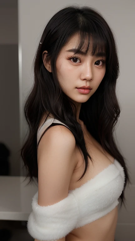 ultra detailed, 8K, a woman, thinking, serious look, seiza, looking at viewer, long hair, blunt cut, straight hair, black hair, black eyes, eyes open, fair skin, tiny, glamorous, white tank top, underwear, cute face, baby face, 20-year-old, japanese, in the bedroom, at midnight, kawaii, ultra realistic photo, full body shot