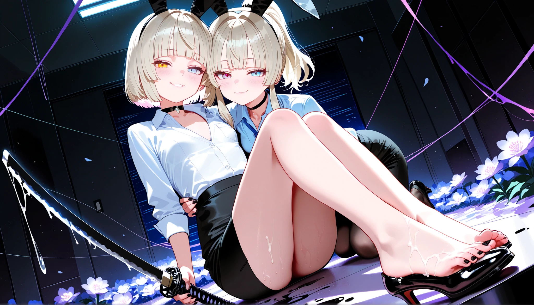 Femboy in black thigh-high stockings with micro skirt and top, that his ???? can be seen and he has a mask 