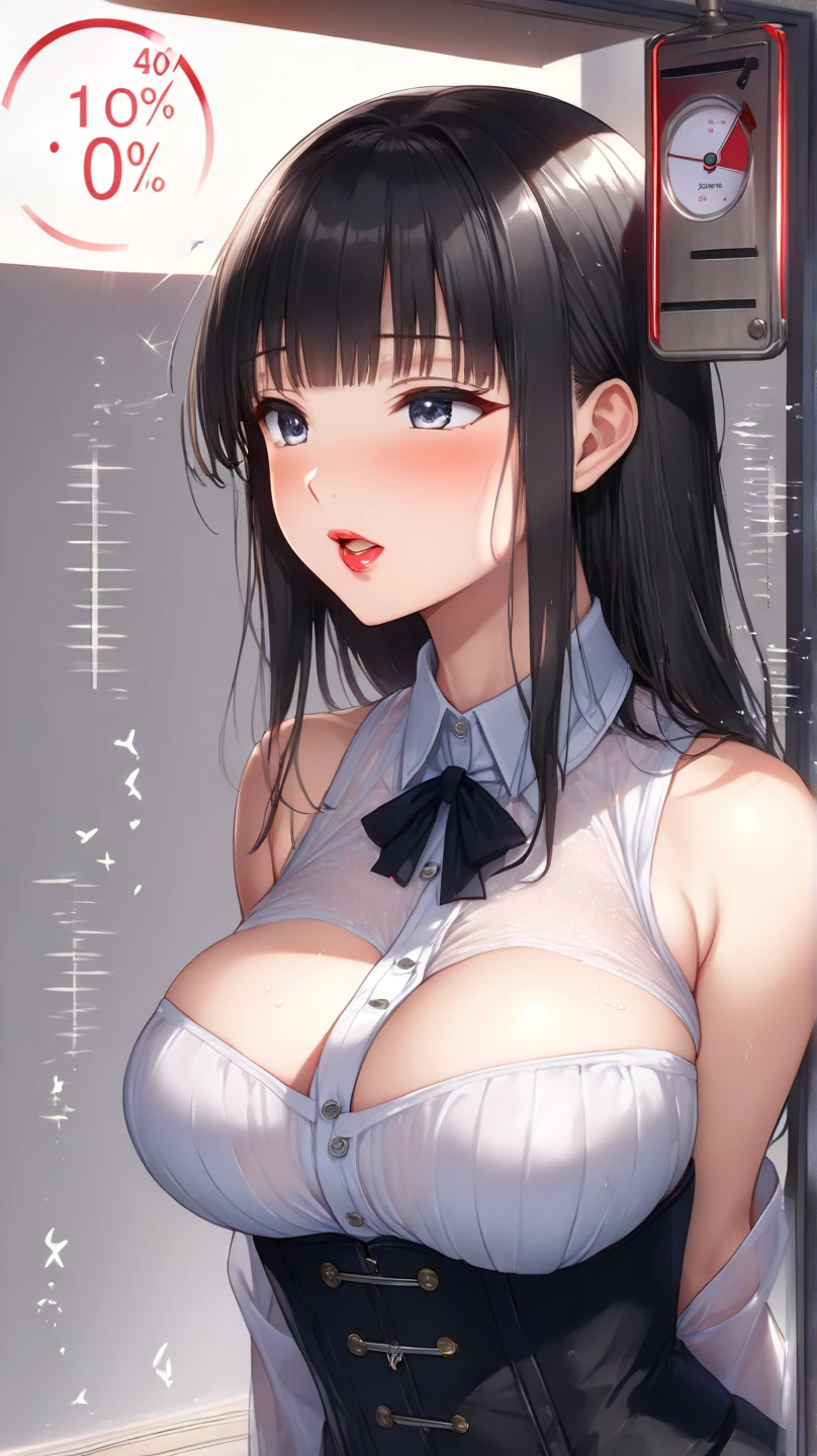 ((Best quality, 8k, Masterpiece :1.3)), Sharp focus :1.2, A pretty woman with perfect figure :1.4, Slender abs :1.2, ((Dark brown hair, Big breasts :1.2)), (White button up long shirt :1.1), City street:1.2, Highly detailed face and skin texture, Detailed eyes, Double eyelid