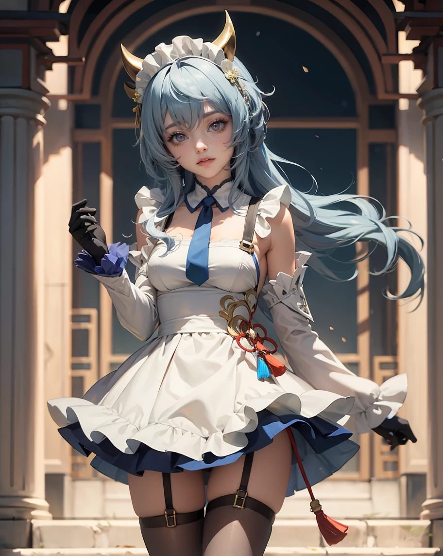 Curly and light blue hair、hime-cut、Girl with golden eyes、View of the crotch from below、flat chest、Thin pubic hair、Beautiful open legs、White military uniform