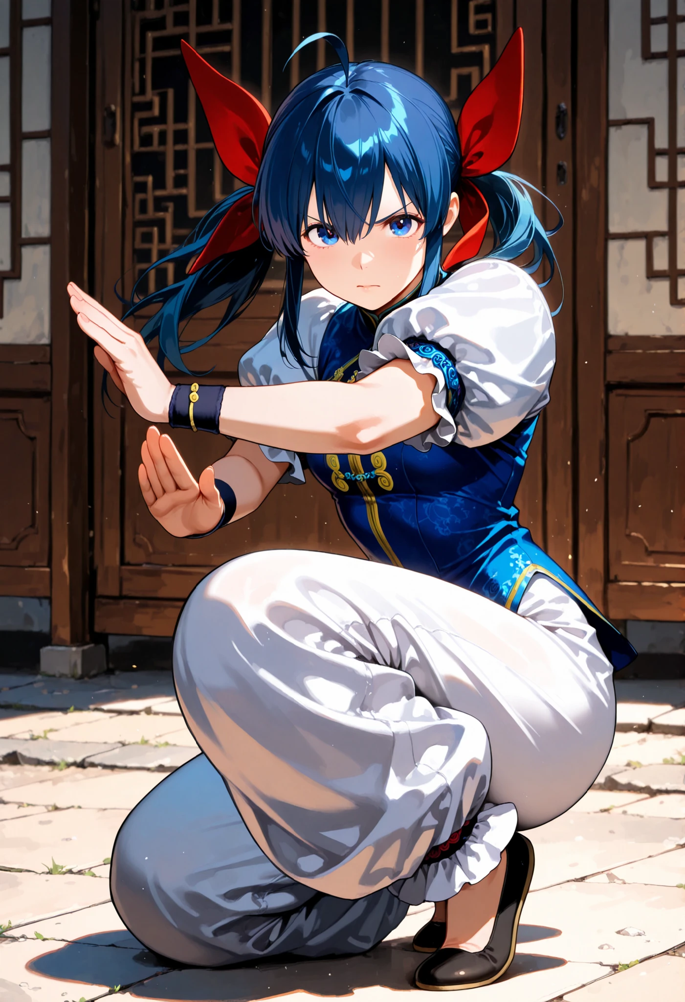 masterpiece, best quality, amazing quality, highres, absurdres,futaba hotaru, long hair, blue hair, twintails, hair bow, hair between eyes, sidelocks, ahoge, chinese clothes, puffy short sleeves, wristband, baggy pants, flats,squatting on one leg,fighting stance,