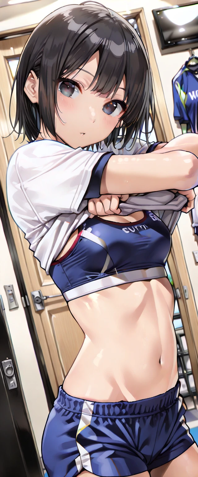 1人のgirl, locker room, There&#39;s no one around, evening, sunset, (((Browsing Caution))), masterpiece, 8K, girl, Small breasts, 12 years old, Angel,Lightの羽, null, Light, god々Shii, まぶShii, Black Hair, ((Nipples)), Embarrassed face, blush, Sweat