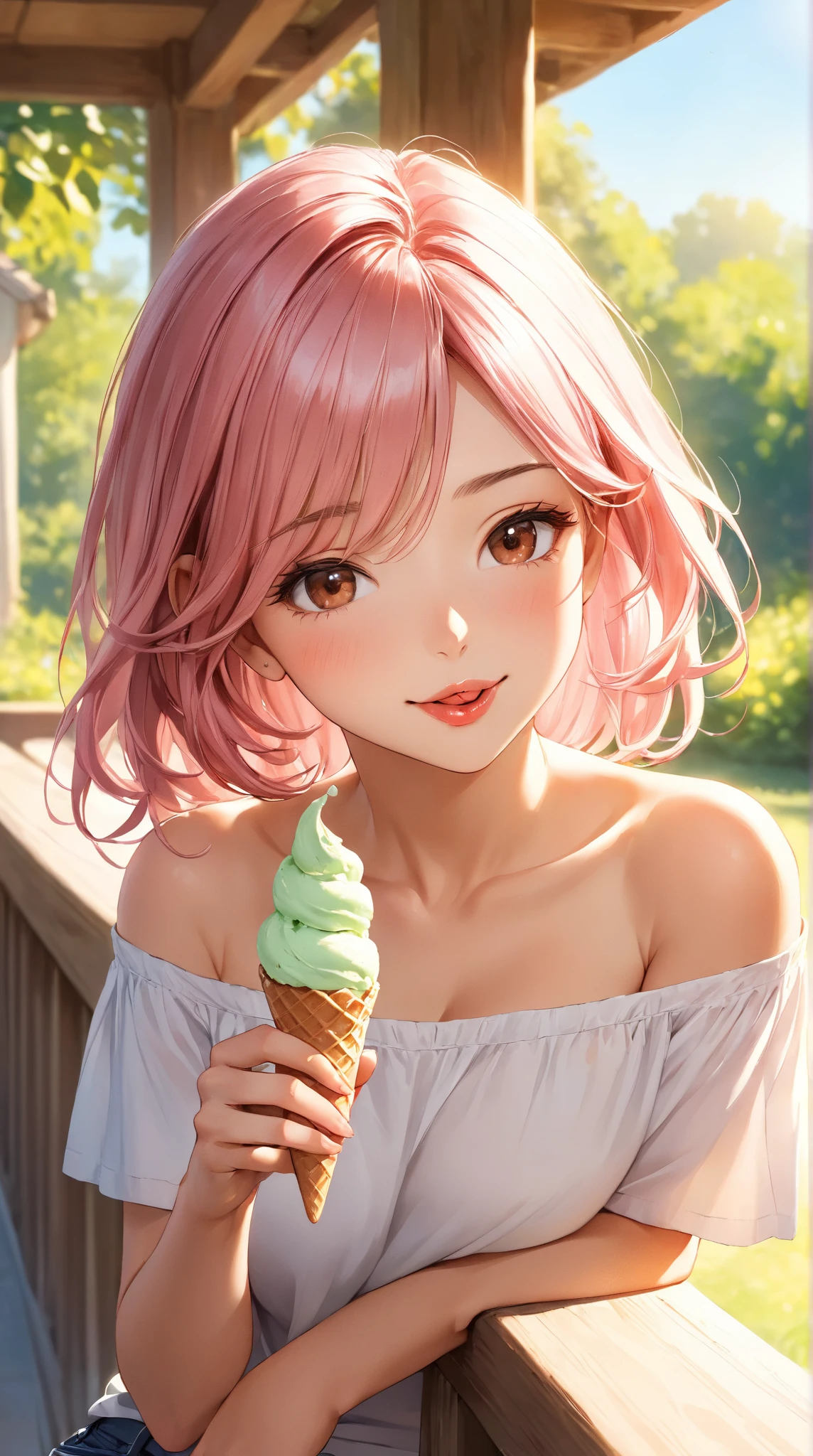 Anime cute gamer girl with bangs and light pink hair and matcha colored highlights eating gelato seductively