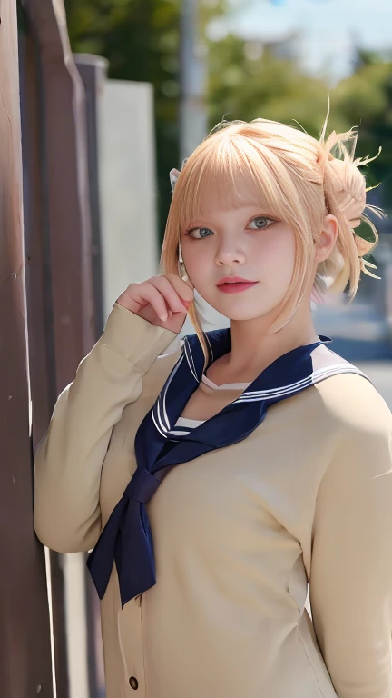 1girl, petite , medium breast , yellow eyes, light blond hair, medium hair , low twintails, wavy hair , blunt bangs, hair flaps , :p, , , foot focus (focus sole of foot), school uniform , navy vest , slouch socks, school bag, extremely quality extremely detailed, contrapposto, Faint lips,UC:realistic glow shine like opal deep-silky-healthy-lackwarm-foundational-soft-skin, photo realistic ray trace depth of field, cinematic lighting cinematic angle