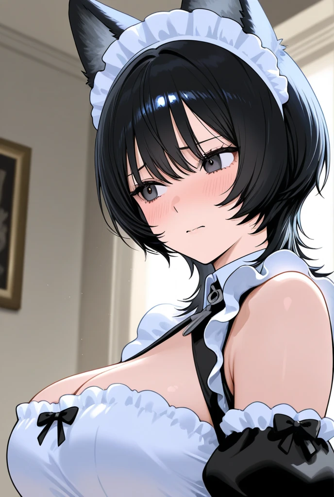 masterpiece,best quality,from below,1girl,solo,(disgust:1.2),looking down,skirtlift,open clothes,medium breasts,breasts out,(nipples:1.2),ellen joe,black hair,colored inner hair,multicolored hair,(red eyes:1.3),red hair,short hair,two-tone hair,apron,black pantyhose,(cameltoe:1.2),black shirt,black skirt,maid,maid apron,maid headdress,pantyhose,puffy short sleeves,puffy sleeves,shark girl,(one shark tail:1.1),shirt,short sleeves,skirt,two-tone hair,wrist cuffs,white background
