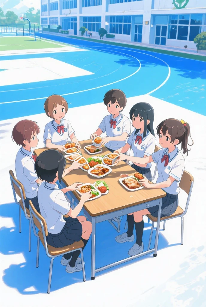 Two girls and a boy having lunch at a table ,dressed in school uniforms ,all with Asian features .