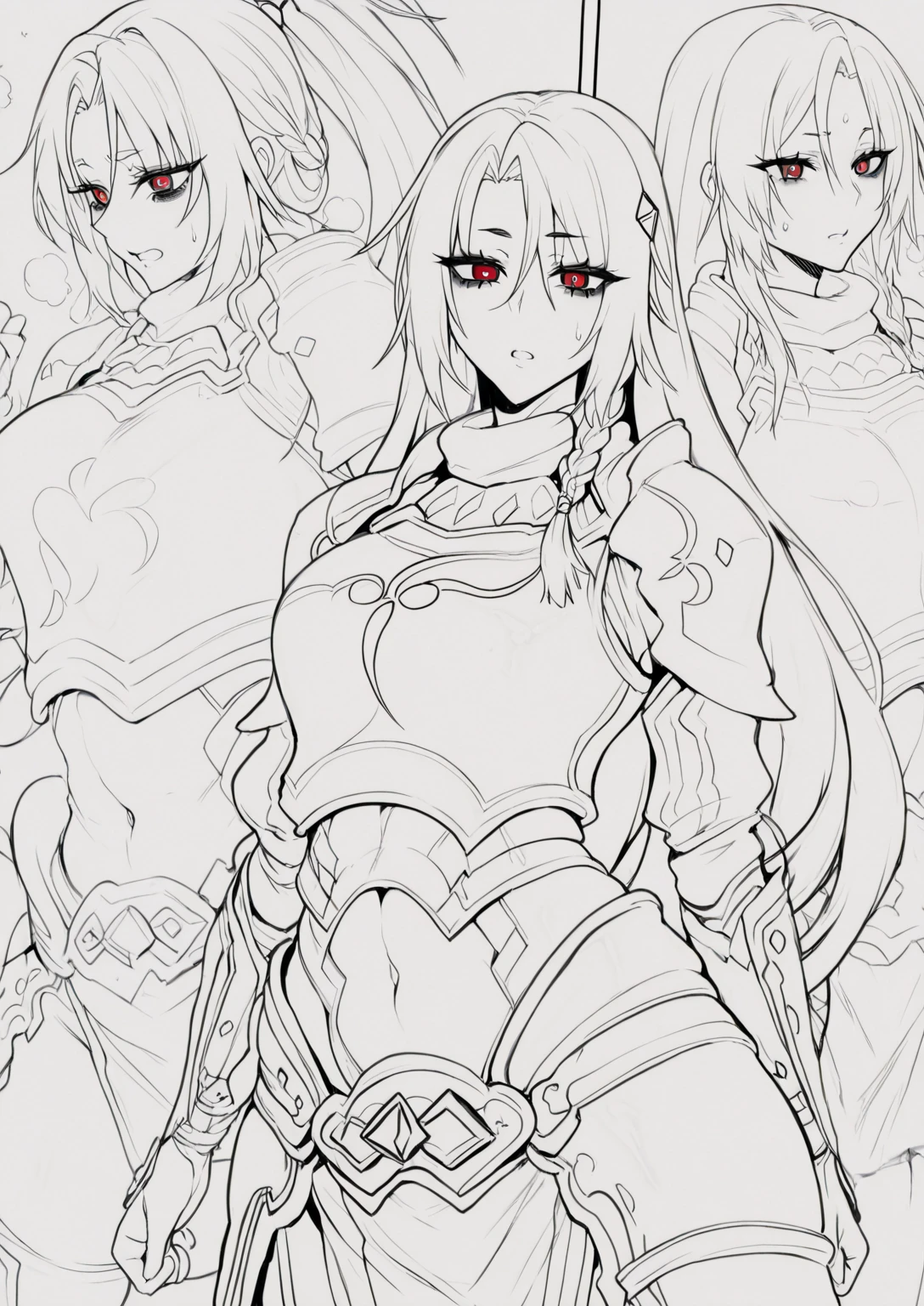 Tlr-style, (puuzaki_puuna(punopupupu)-style:1.2), ((anatomical correct)), ((monochrome, greyscale, manga-style, spot colors, red eyes)), (lineart:1.2), perfect body, perfect eyes, perfect fingers, gasping, heavy breathing, gasping profusely, ((skindentation)), ((curvy)), iris midgar, long hair, red eyes, braid, red hair, plump, cosplay, 1girl, bags under eyes, japanese armor, breastplate, hair ornament, covered navel,