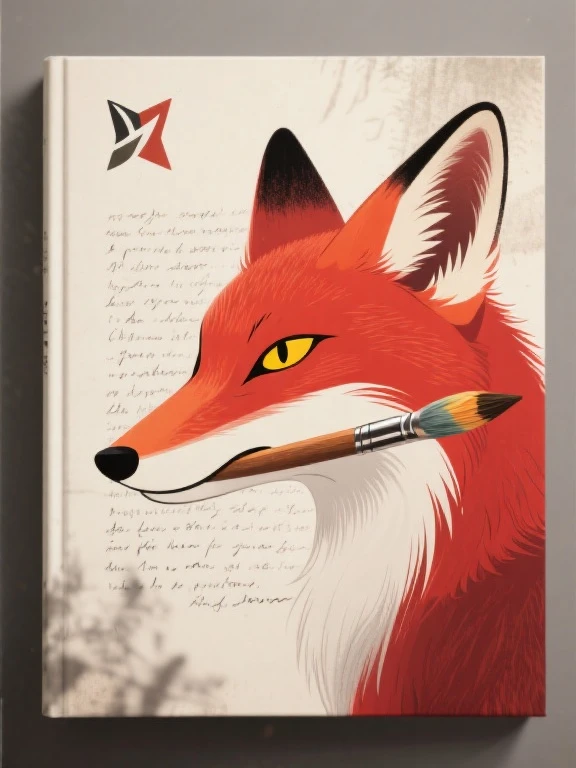 Create a poetic book layout featuring a sleek logo of a fox's head (cartoon animal) holding a paint brush in its mouth. The fox is looking directly at the viewer with a discerning (as if subtly staring into viewer's soul) from direct front view, contemplative gaze, its elongated snout pointed slightly downward, obscuring its mouth. In the background, include ambiguous, handwritten poetry that appears faded or blurred to create depth and mystery. The fox overlaps the poetry, which is positioned behind it, symbolizing inspiration and creativity. Beautiful, masterpiece, high detail. Bright Red Fur, Yellow Eyes, Slit Pupils. Sharply Defined Cheek Fur.