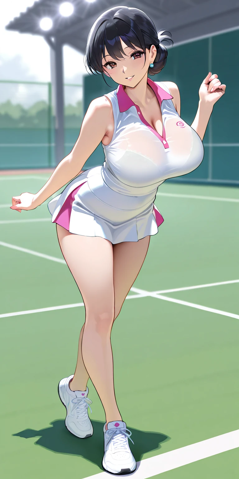 1 girl, red hair, hair in two ponytails, (big lips), black eyes, huge breasts, smile, blush, blush on the nose, thick thighs, high thighs, lively, thick thighs, wide hips, narrow waist, Hourglass figure, Silly, delicate, earrings, hair clips, full body, sexy pose, from below, white skirt, white thong, squatting, on a tennis court, with a racket black, nice hand, hand detailed, detailed fingers, 5 fingers