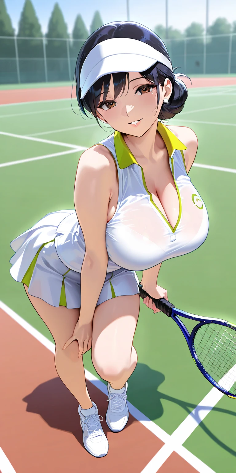 (((((25yo, japanese-bitch))))), (((((sexy shiny tennis uniform))))), masterpiece, (from above), ((((large breasts)))), ((((large hip)))), ((((((sexy pose)))))), (((orgasm))), nsfw, vulgality, (very tanned shiny skin), (skindentation), photorealistic, realistic, solo, photorealistic, best quality, ultra high res, YuraS, outdoor, colorful, parted lips, daytime setting, beautiful, masterpiece, best quality, extremely detailed face, perfect lighting, ultra high res, ultra detailed