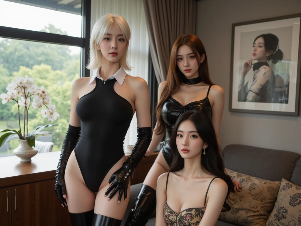 ((realistic)),(realistic shadow),((realistic skin texture)),(asian Chinese beautiful face),((Chinese sexy face)),((Chinese very sexy model)),((masterpiece)), (detailed), perfect face,(big boob),((big booty)),((very sexy pose)),((very sexy outfit)),(very exotic outfit),((full body)),exotic pose,(thin),((very sexy long legs)),((beautiful legs)),(slim),skinny,((very sexy shiny high heels)),((seduce)),aespa karina winter,((long hair many color)),((very hot young teen)),((shiny color full tight sexy long dress)),(tiny g-string),(many color long hair),((nipple slip)),((boob flash)),((tits slip)),(teasing pose),(horny smile),(lace tights),(sexy bracelets),((luxury necklace)),((very sexy emotional face)),((boob slip)),((show tits)),((full stand models)),((exotic miss grand thailand 2022)),((very long long hair))(looking at viewer),(sexy belly),(more necklace),(big shiny necklace),(gold hair),(luxury handbags),((wearing black MOCK NECK LONG SLEEVE BODYSUIT)), ((shiny MOCK NECK LONG SLEEVE BODYSUIT)),Acrylic very large bioluminescent elliptical earrings,Strong luminescence,Clear Acrylic