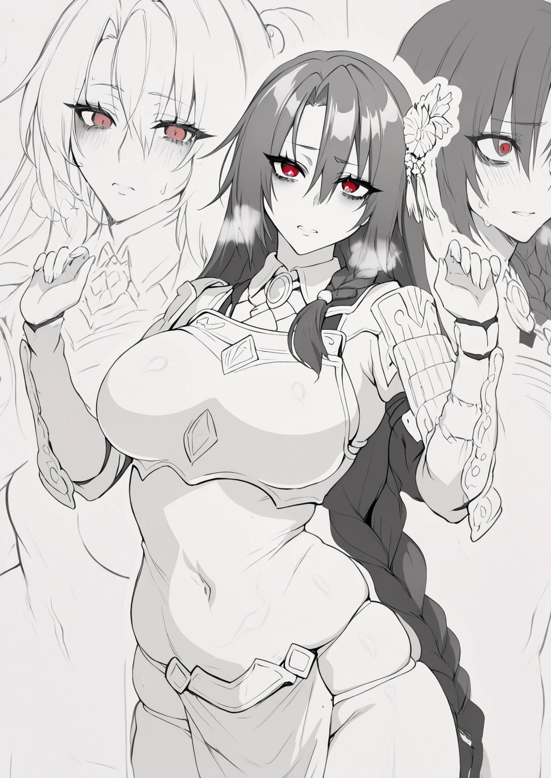 Arshes Nei, half-elf, dark skin, jade green eyes, long dark hair, pointed ears, ((garment)), white color, (((high neckline))), shoulder pads, long gloves, ((belly button)), high boots, (((bandaged thighs))), cleavage, thighs, Empress of Thunder, upper body