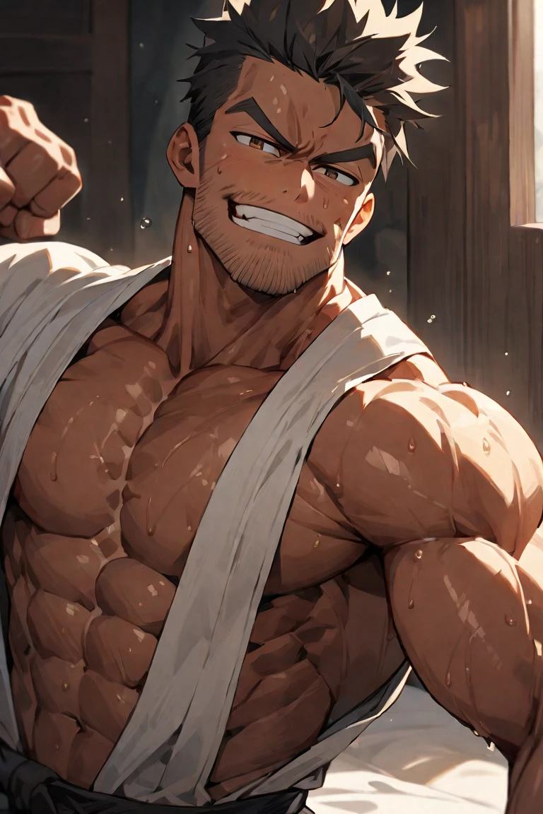 red skin, bright red skin, the boy blushed shyly , rosy skin, shiny skin(muscular thigh muscles )(Naruto anime style, art) (photo angle from bottom up) (photo angle from the ground upwards) [Anime photo][highest quality photo][4k,HD photo quality ] wear tight and short loincloths ,the loincloth bulges due to the erect male genitals (muscular thigh muscles, firm thigh muscles, muscular thigh muscles, sinewy thigh muscles, giant thigh muscles, strong leg muscles, muscular hamstring leg muscles)(thigh muscles bulging as if about to explode, muscular, calloused, sinewy, giant) , Rudeus Greyrat,fun, happy,bodybuilder,bodybuilding, standing, lots of sweat flowing down, topless, shirtless, hot sunny, 8 pack abs , short hair , green eyes