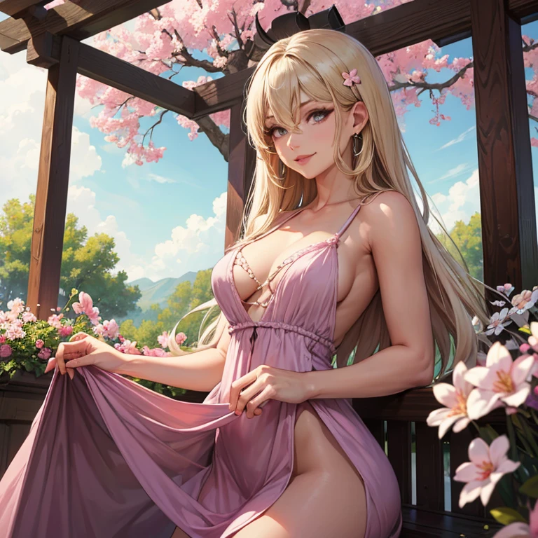character//1 girl,(Blonde hair with a shiny ring of light:1.2),((Long curled hair:1.2)),(With bangs),((Halo is shining:1.3)),BREAK//(Adorable robe like a princess:1.3),(Colorful Nails),((berry pink eyes:1.4)),((Necklaces and earrings that emit beautiful light:1.2)),BREAK//((cute smile:1.2)),((many flowers around:1.6)),BREAK//(blush),((close up of face:1.2)),BREAK//((a sacred place like heaven:1.3)),(((flower gate))),((riding on the back of a divine beast:1.5))