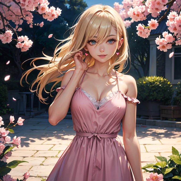 (leaning over:1.4), (masterpiece:1.2, best quality), (real picture, intricate details), 1girl, solo, absurdres, cowboy shot, standing, outdoors, :3, smile, bear girl, bear ears, ((light pink dress)), frills, very detailed dress, white thighhighs, platinum blonde hair, gray blue eyes, long hair, ((red strawberry choker)), smile, open mouth, one fang, large breasts, cleavage, sleeveless dress, arms behind back,