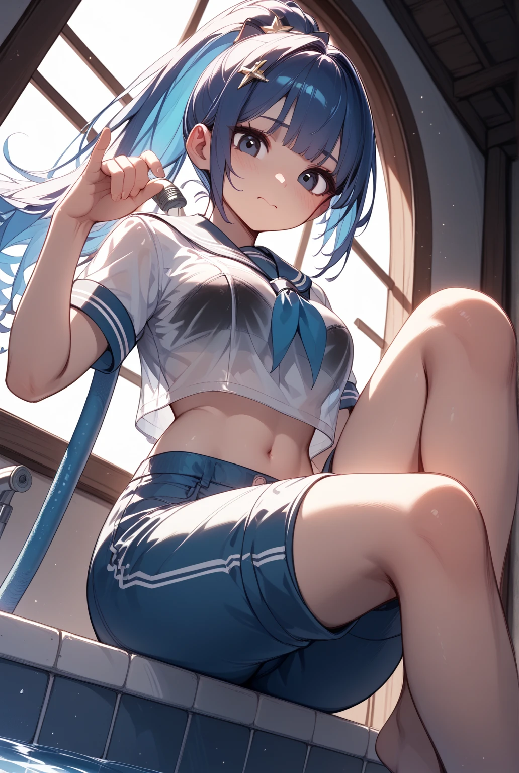 Cornflower Art, Dreamy, (Masterpiece, Top Quality, Perfect Anatomy, Beautiful Face, Realistic, Super Detailed, 1 Girl, 18 Ears Old Man, Solo, Depth of Field, Canon 24mm Lens, F1.4, cute_girl, sailor_ Collar, Clear Facial Features, Short Sleeves, Small, Slender Height, Height 170, Barefoot, Double Ponytail, Bangs, Gravure Pose, Indoors, Slouch, Leopard pose, backward handstand, chest gap jungle, blurred background, (Uwabaki: 1.1576)) whole body, clear liquid dripping from the crotch, the front of the shirt is exposed, breasts are visible, transparent bra, light blue striped buns, erotic, , NSFW movie,